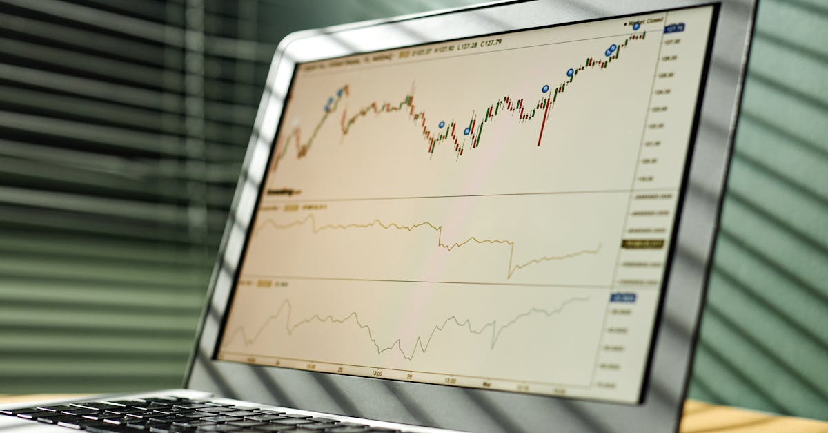 Close-up of a laptop displaying stock market data and graphs in an office setting.
