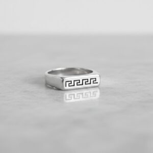 Home 4 Men’s Greek Key Signet Ring - Stainless Steel Silver Band with Engraved Meander Design