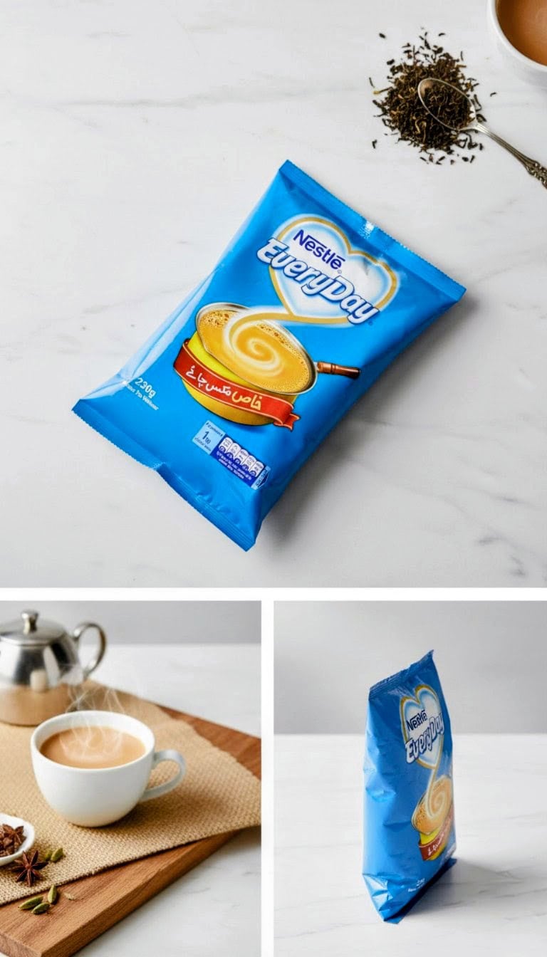 Nestlé EveryDay Powder Tea Whitener - 230g Pouch 4 Bright blue packaging of Nestlé EveryDay Powder Tea Whitener for rich, creamy tea.