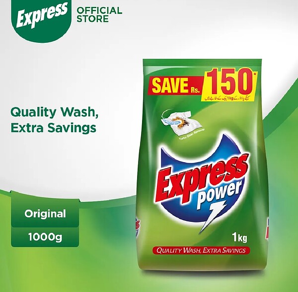 Original Express Power Detergent Powder 1kg for effective stain removal and laundry cleaning.